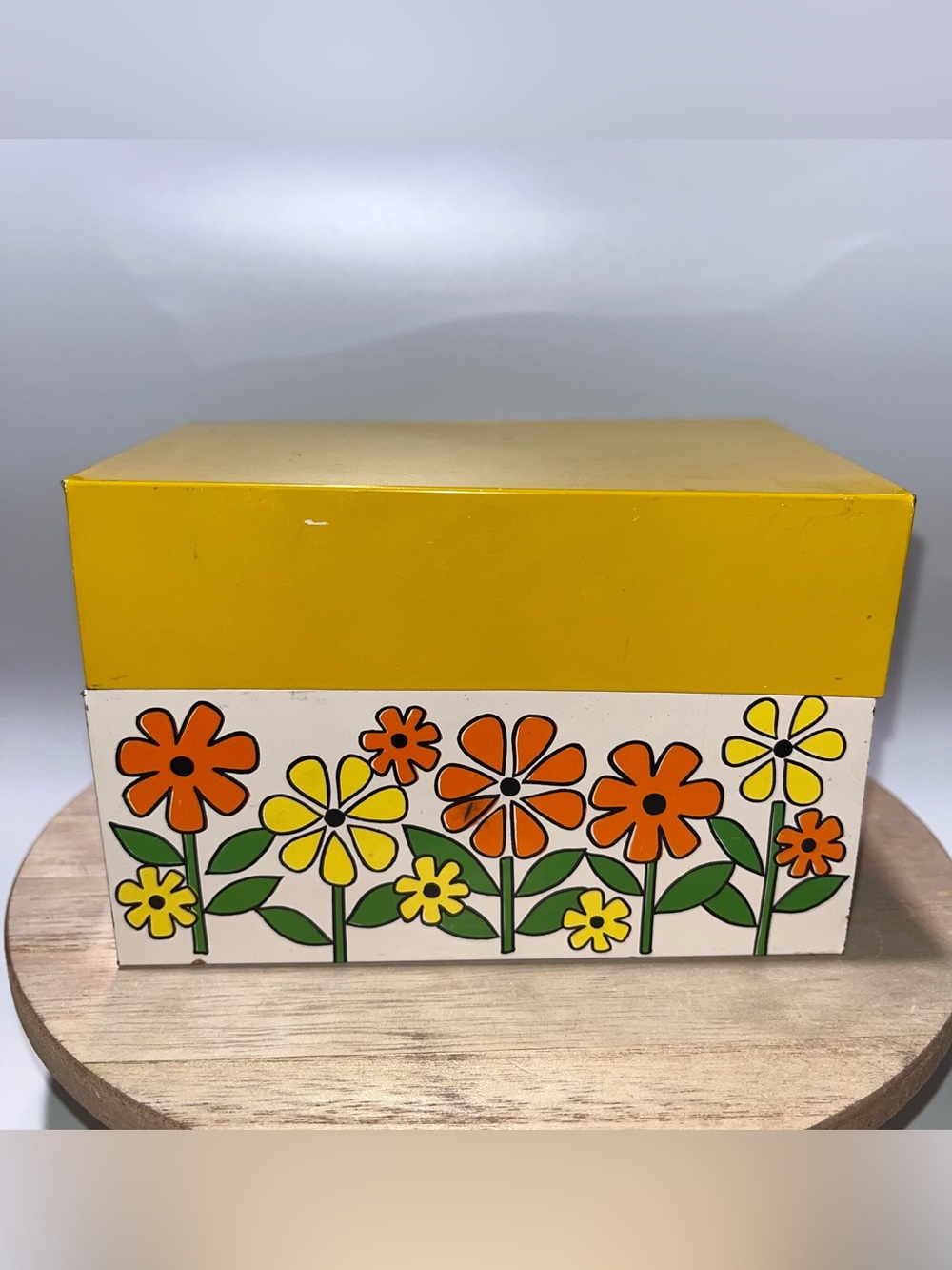 Rare Vtg Otagiri Stamped OMC Japan Metal Recipe Tin Mod MCM Yellow Flower Power